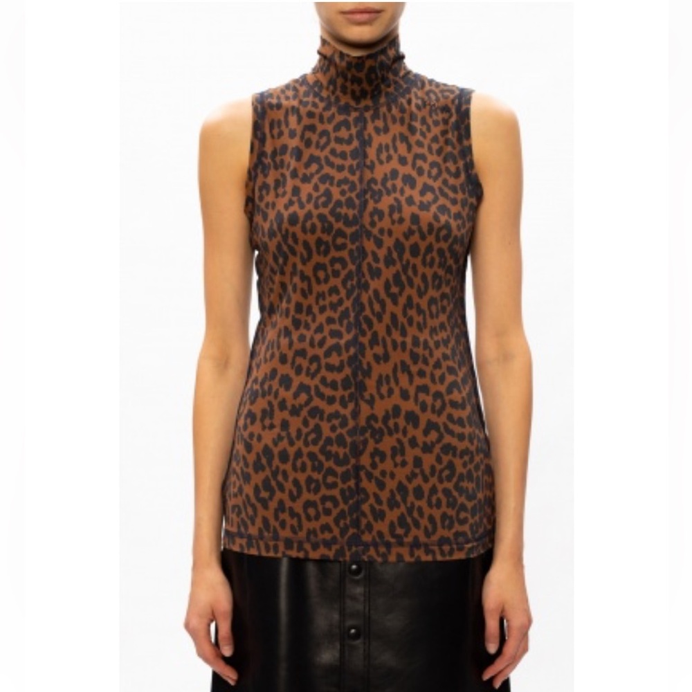 GANNI Light Stretch Organic Cotton Leopard Print Mock Neck Sleeveless Top